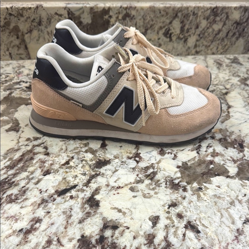 New Balance Light Pink, Gray & White 574 Classic Sneakers, Size 9.5